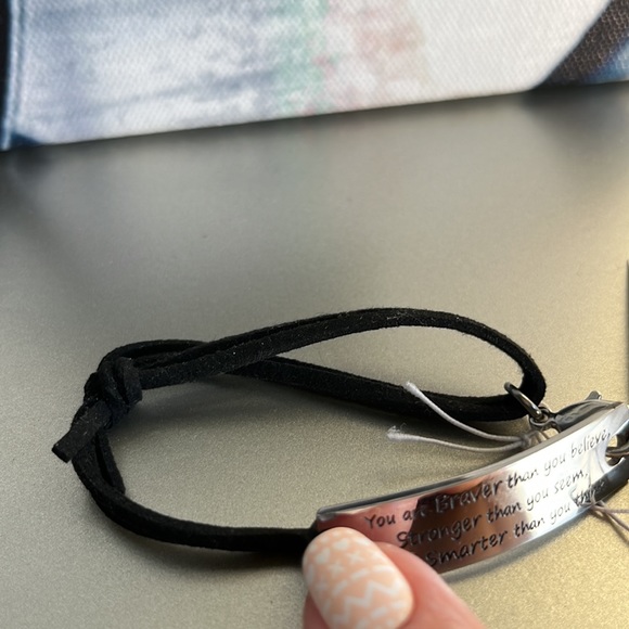 Silver Plated Engraved Bracelet with Faux Suede Strap - Picture 6 of 6